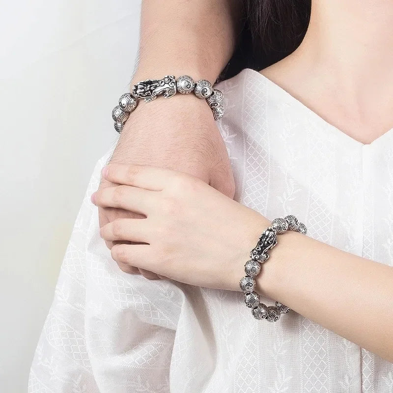 Feng Shui Taiji Bagua Pixiu Bracelet - Thai Silver Beads Wristband for Wealth & Good Luck