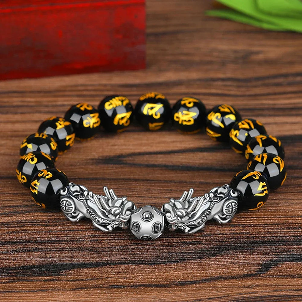 Fashion Jewelry Unisex Pixiu Attract Wealth Feng Shui Men Bracelets Obsidian Stone Beads Wristband Good Luck Bangle