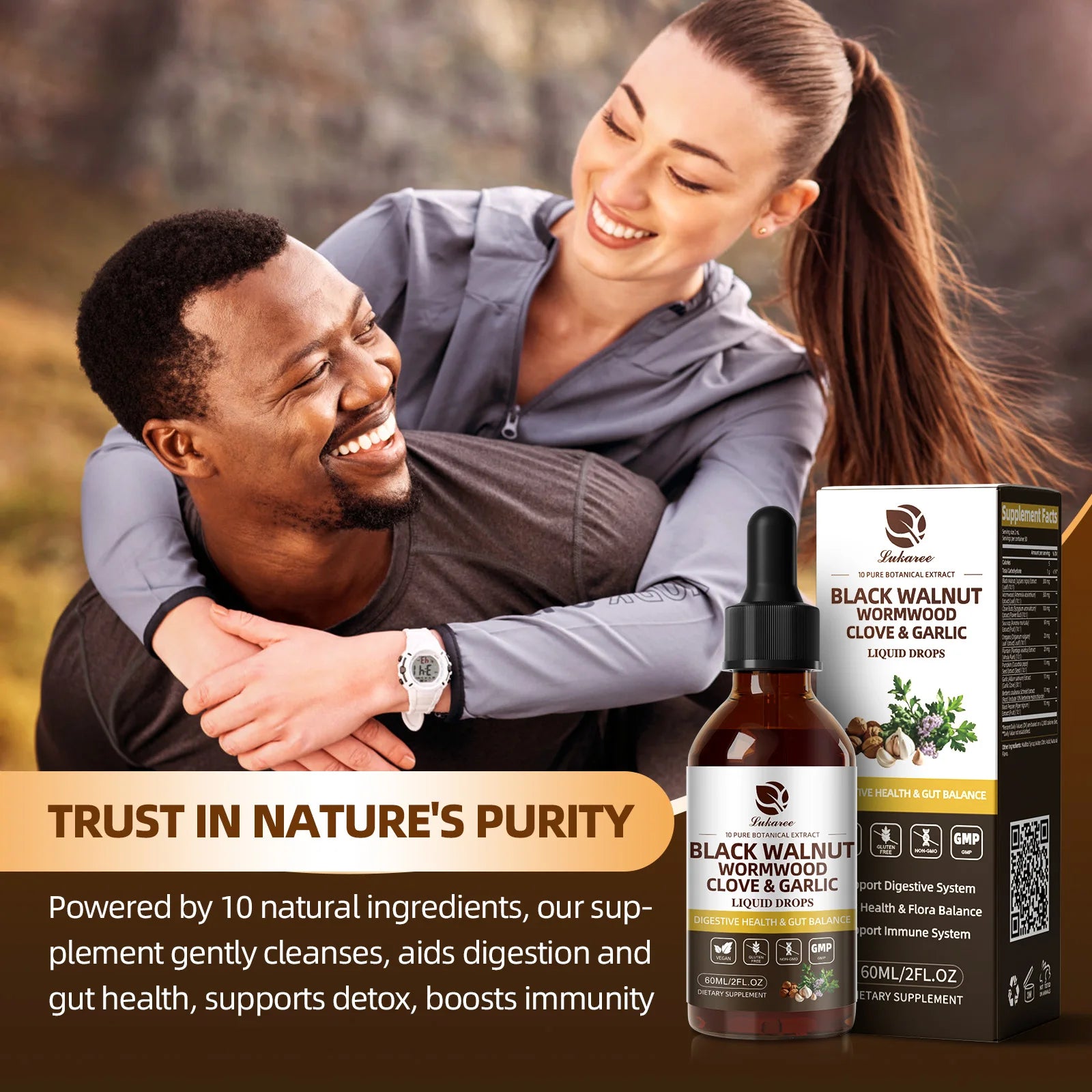 Lukaree 60ML Black Walnut  Drop with Wormwood Clove & Garlic Support Digestion and Immune Health, Detoxify the Body Antioxidant