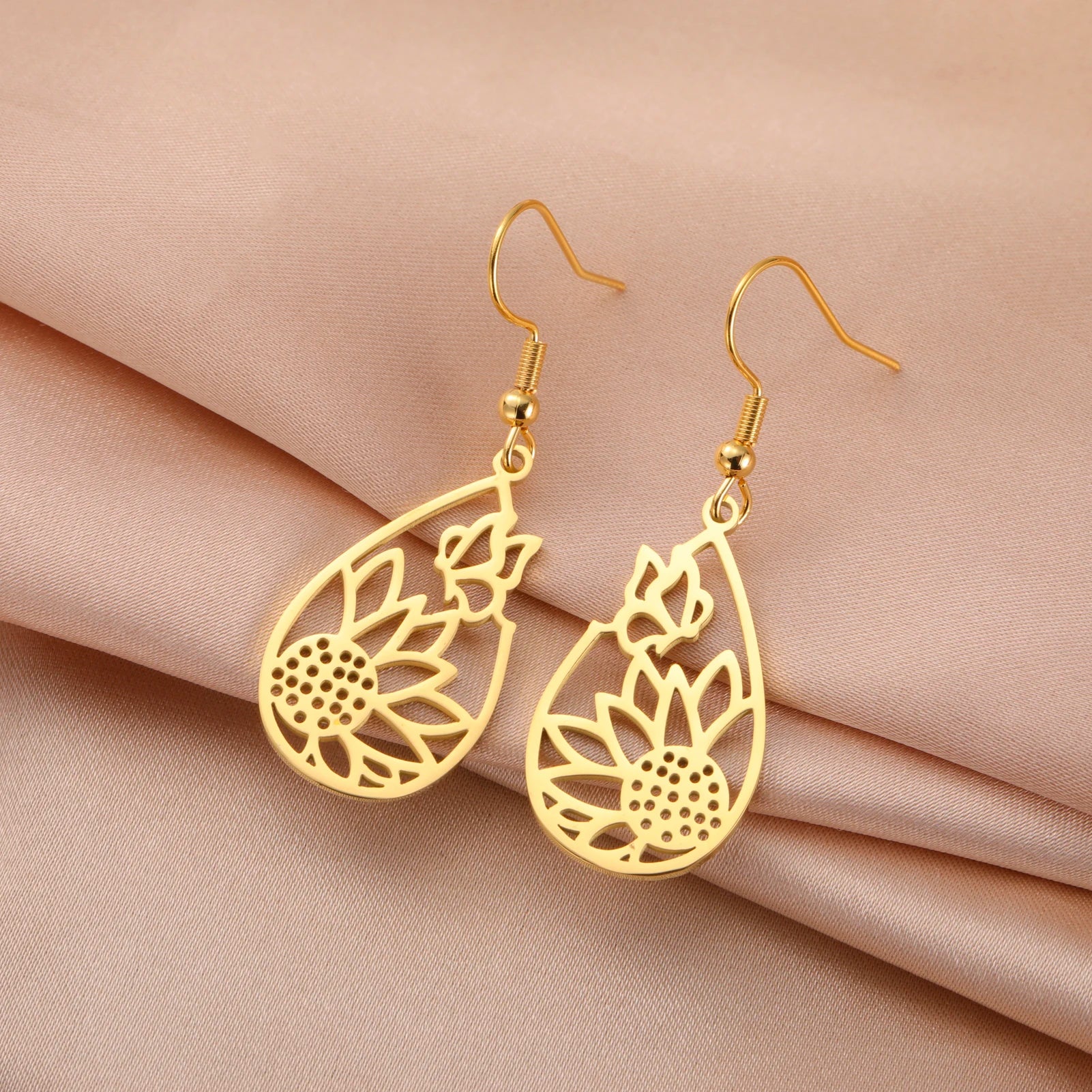 Skyrim Sunflower Butterfly Teardrop Pendant Earring Women Girls Stainless Steel Gold Color Earrings Jewelry Valentine's Day Gift