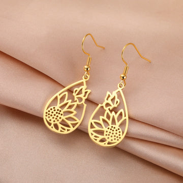 Skyrim Sunflower Butterfly Teardrop Pendant Earring Women Girls Stainless Steel Gold Color Earrings Jewelry Valentine's Day Gift