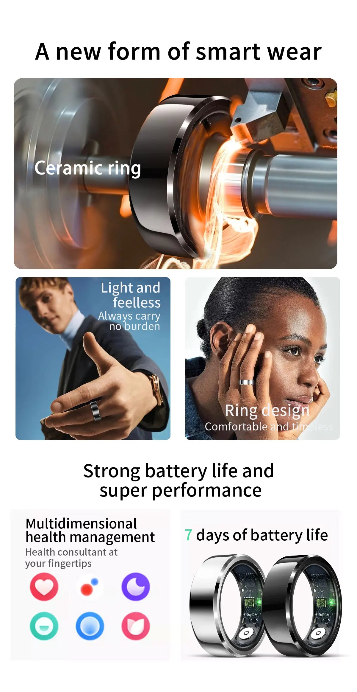 R6 Smart Ring with Charging Case Stainless Steel IP68 Waterproof Heart Rate Blood Oxygen Pressure Monitor Sport Fitness Tracker