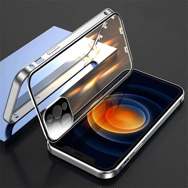 360° Metal Magnetic Glass Phone Case – Snap Lock Bumper for iPhone 16/15/14/13/12 Pro Max
