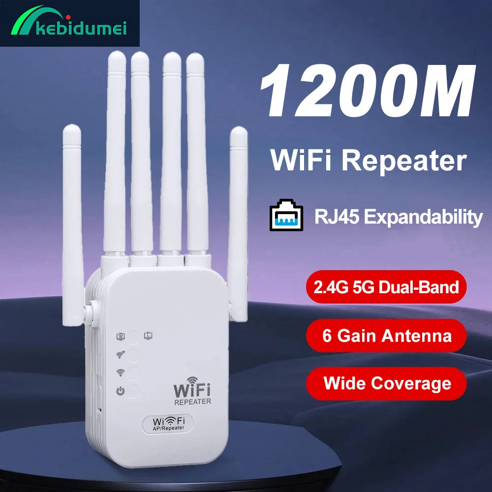 Kebidumei 1200Mbps Dual Band WiFi Extender 2.4G 5G Wireless Signal Booster Repeater