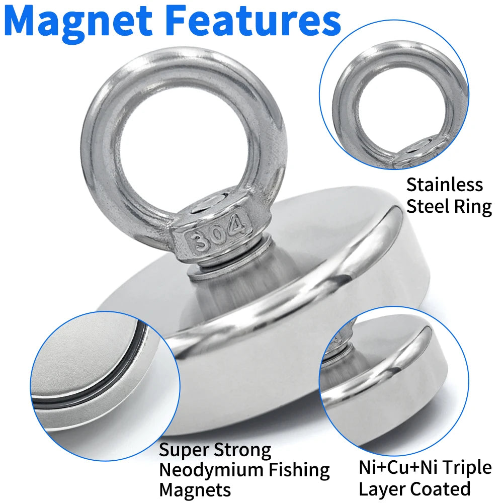 Super Strong Neodymium Fishing Magnet - N52 Heavy Duty Salvage Magnet with Eyebolt (D16-D42mm)