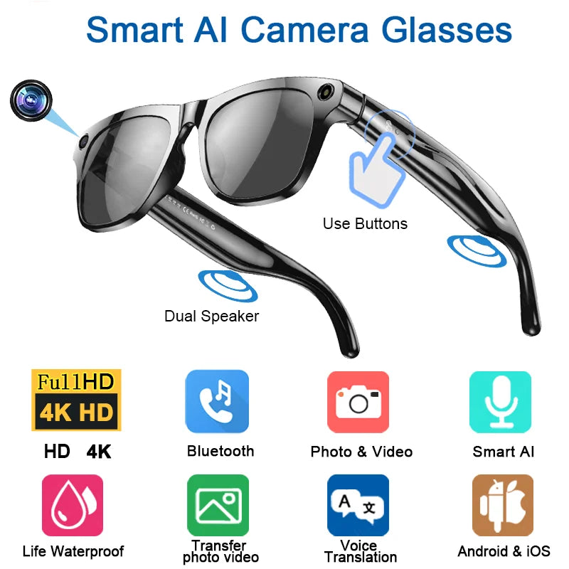 8K HD AI Smart Glasses - 800W Camera, Bluetooth & Voice Assistant