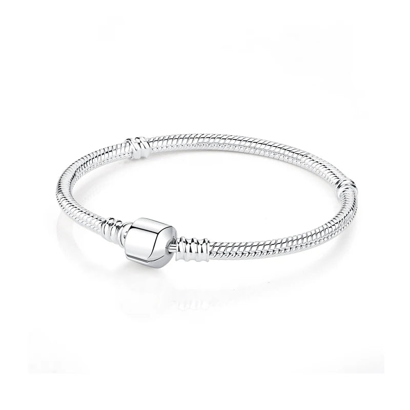 925 Sterling Silver Snake Chain Bracelet with Heart Charm Beads