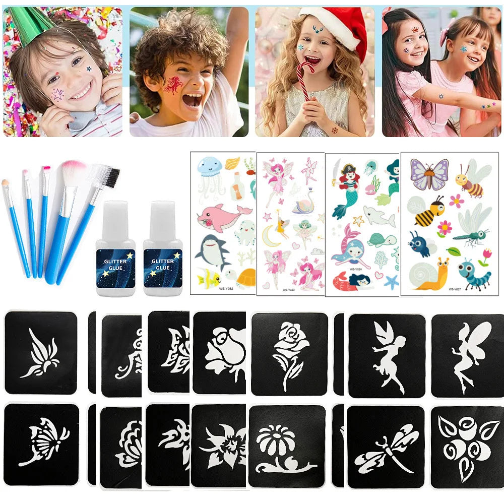 12-Color Glitter Tattoo Kit – Kids & Adults with 24 Stencils, Holiday Gift