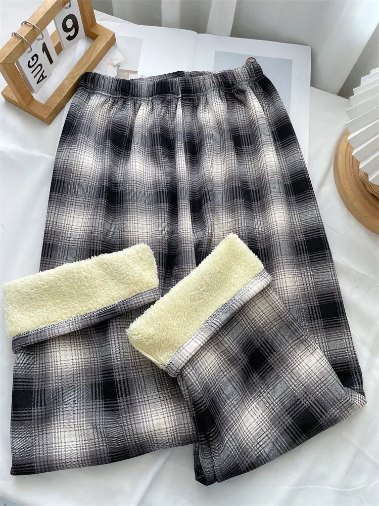 Warm Plush Plaid Pants – Women Winter Wide-Leg Casual