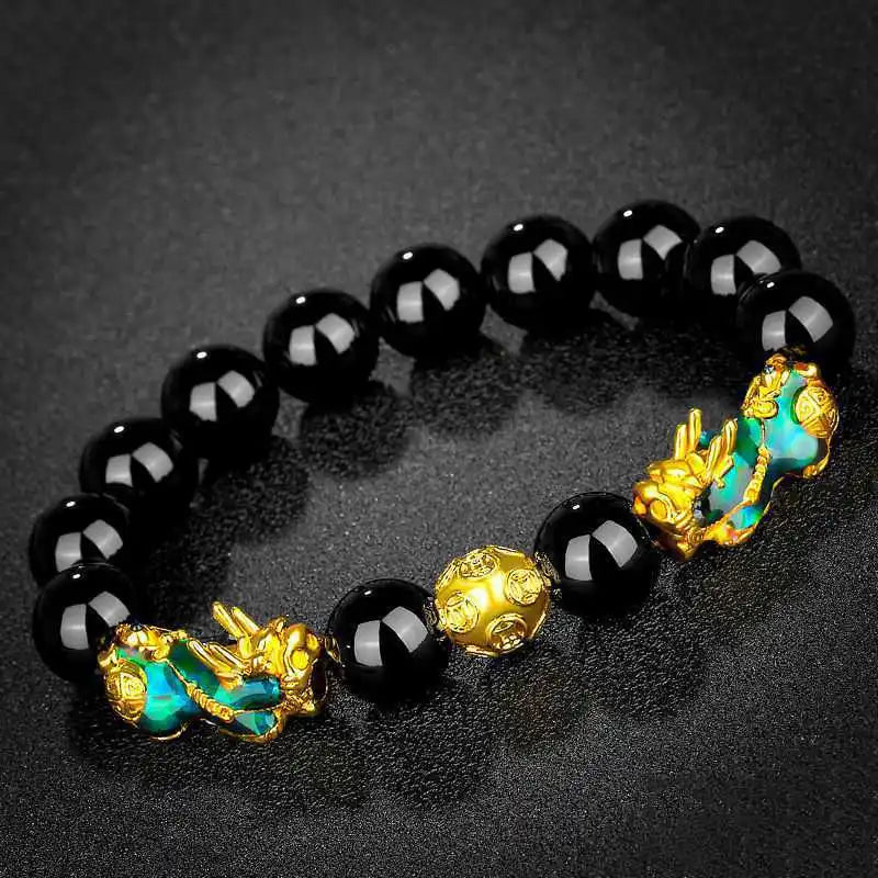Feng Shui Wealth Pixiu Bracelet Men Women Black Obsidian Beads Chakra Meditation Yoga Bracelet Change Color Pi Xiu Jewelry Gift