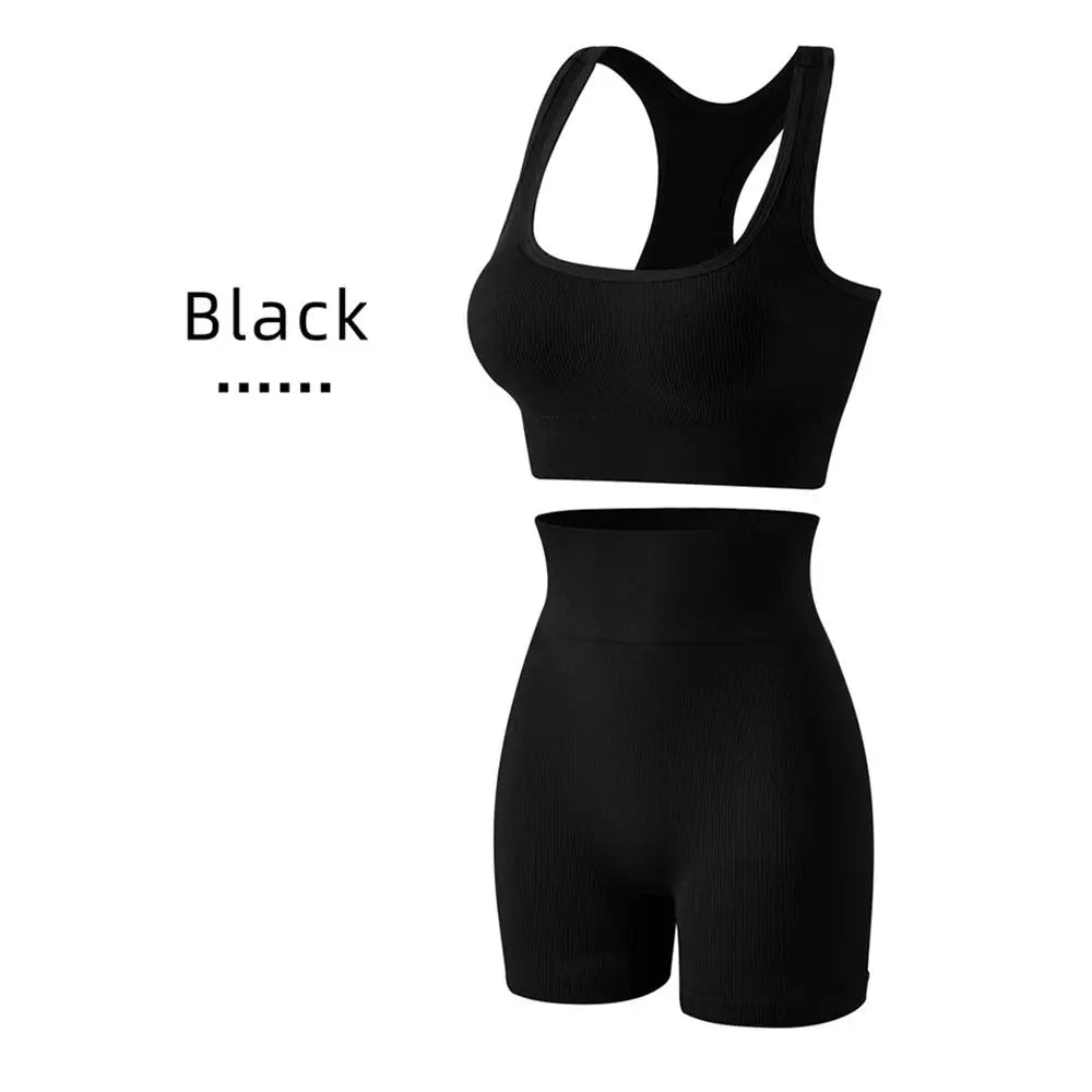 2 Pieces Seamless Workout Outfits High Waist Short Sport Bra Crop Matching Active Set Sleeveless Round Neck Tracksuit Exercise