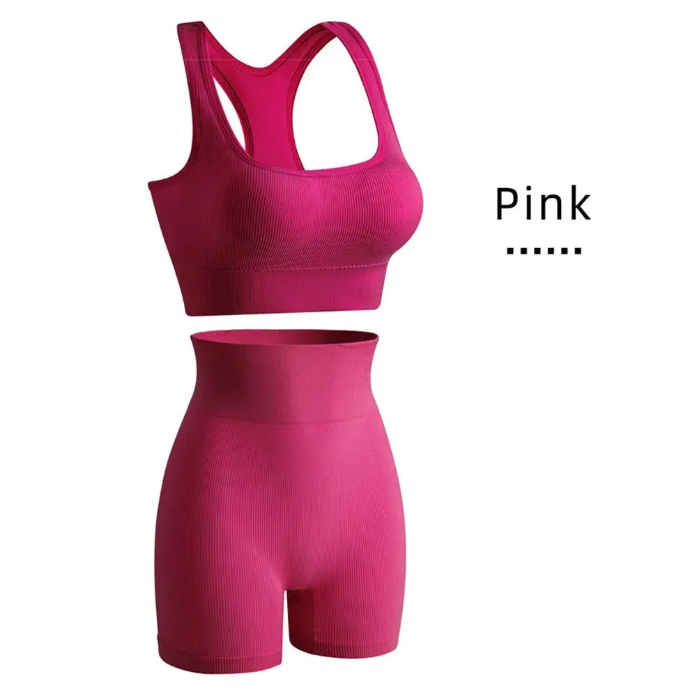 2 Pieces Seamless Workout Outfits High Waist Short Sport Bra Crop Matching Active Set Sleeveless Round Neck Tracksuit Exercise