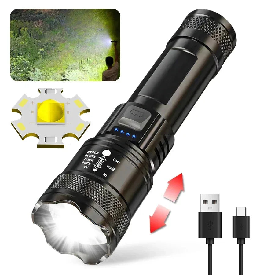 2000 Lumen LED Flashlight with Power Display - USB Rechargeable Tactical Torch with Zoom