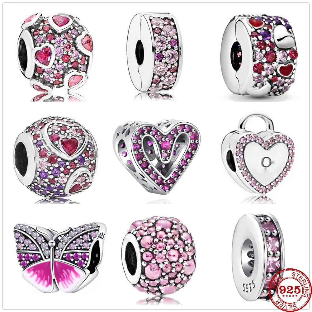 925 Sterling Silver Pink Zircon Valentine's Day Charm Bead for Bracelets