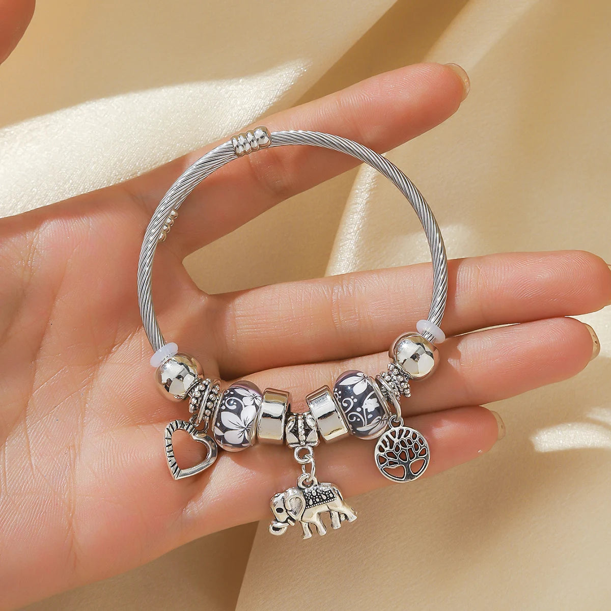Elephant & Tree of Life Charm Bracelet - Multi-Charm Cuff Bracelet