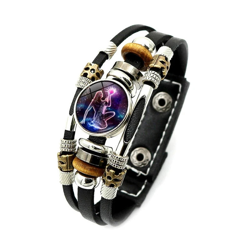 Zodiac Constellation Bracelet – 12 Signs Leather Snap Button Bracelet for Men & Women