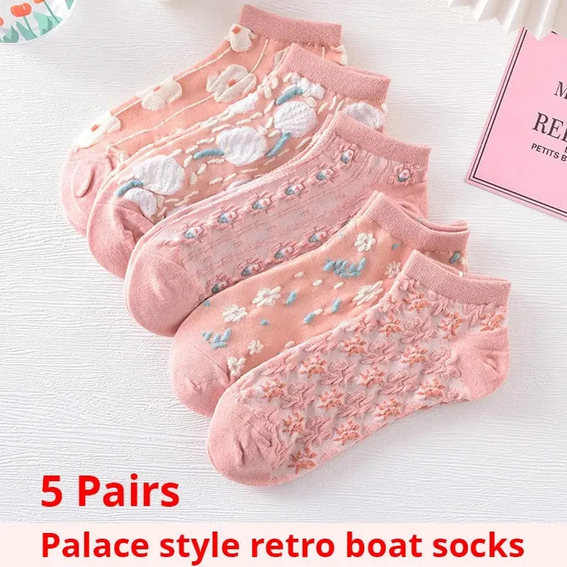 Kawaii Flower 3D Textured Ankle Socks – Vintage Low Cut