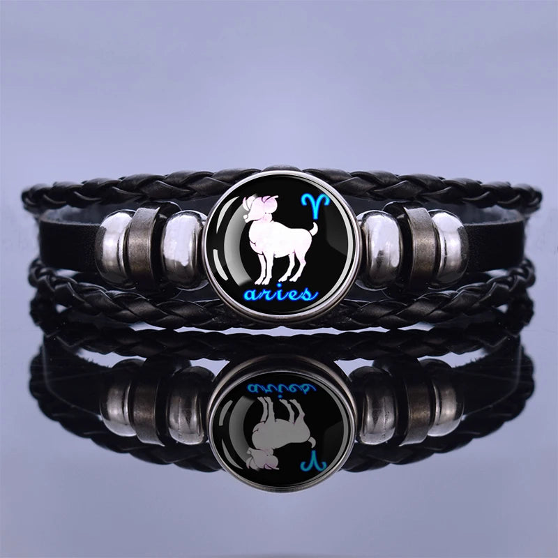 Black Braided Zodiac Bracelet for Men - 12 Constellation Leather Birthday Gift
