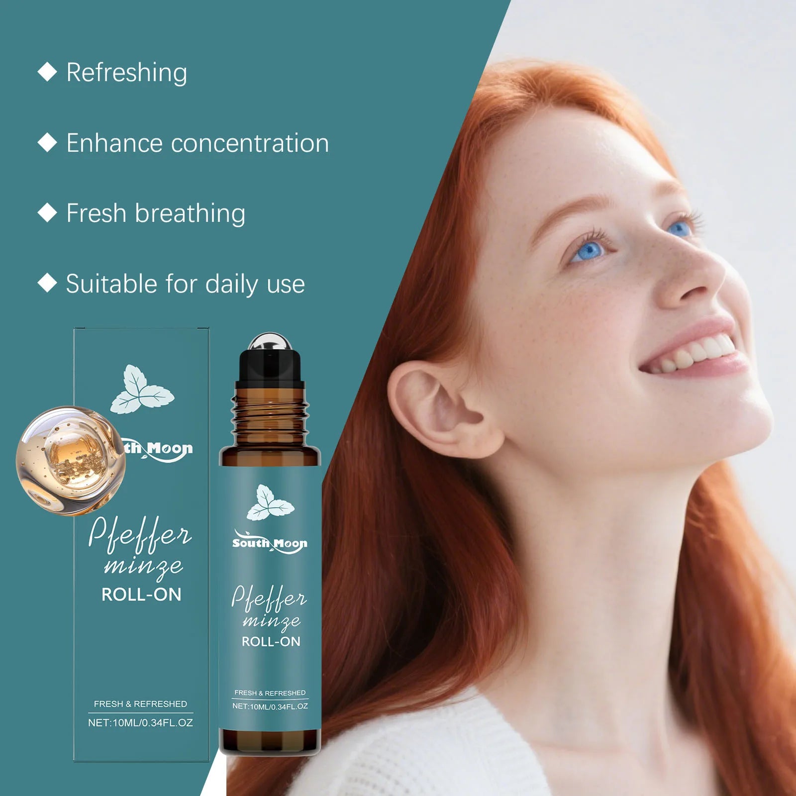 Peppermint Essential Oil Roller - Portable Refreshing Aromatherapy for Relaxation & Massage