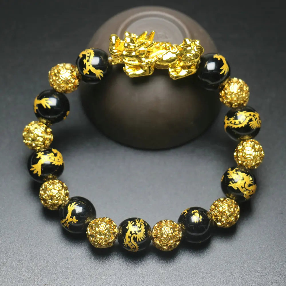 Feng Shui Wealth Pixiu Bracelet Men Women Black Obsidian Beads Chakra Meditation Yoga Bracelet Change Color Pi Xiu Jewelry Gift