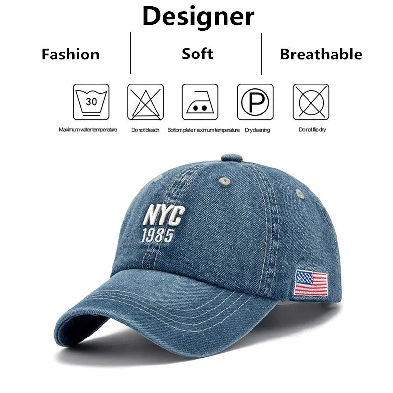 Fashion NYC 1985 Embroidery Denim Snapback Baseball Caps Adjustable Outdoor Casual Adult Wash Sports Golf Sun Hats