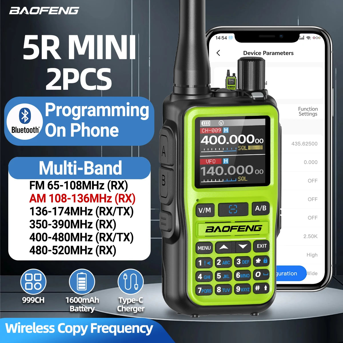 Baofeng UV-5R Mini Walkie Talkie - Bluetooth, Type-C Charging & Dual PTT