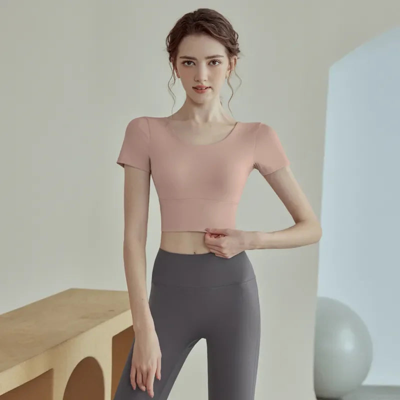 Women's Yoga Top with Built-In Chest Pads - Short Sleeve Workout Shirt