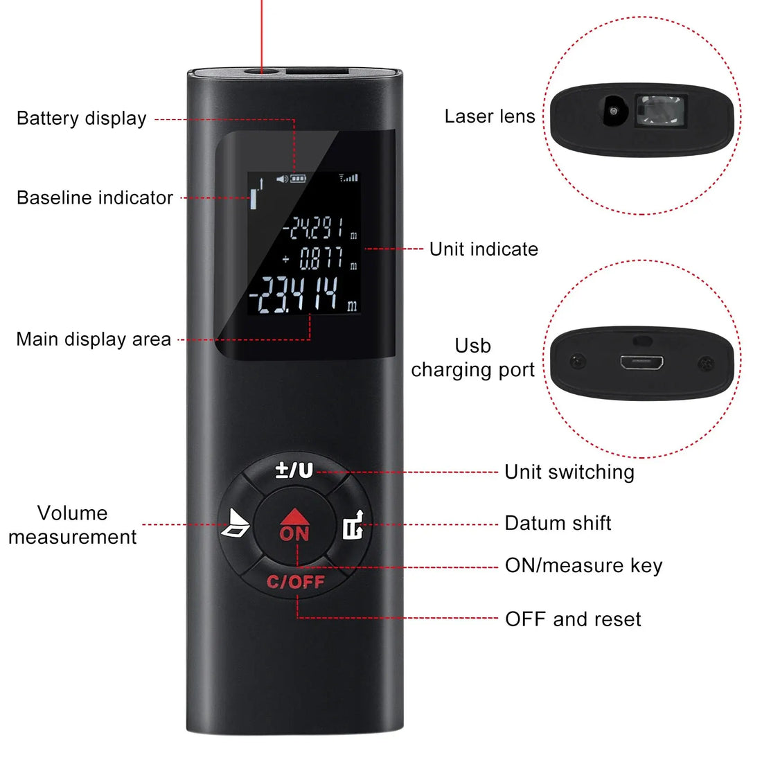Laser Distance Meter 40M/60M - USB Rechargeable Digital Rangefinder for Construction & Home