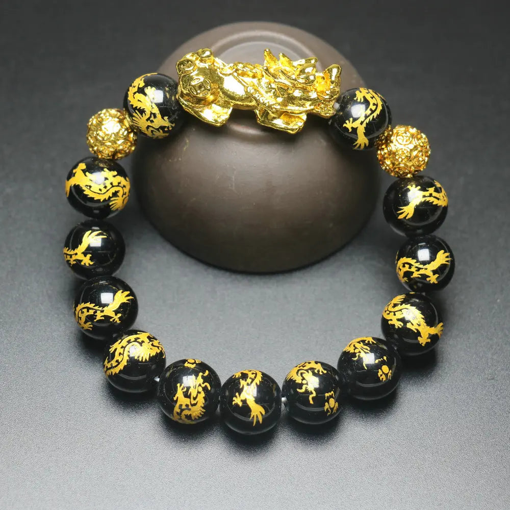Feng Shui Wealth Pixiu Bracelet Men Women Black Obsidian Beads Chakra Meditation Yoga Bracelet Change Color Pi Xiu Jewelry Gift