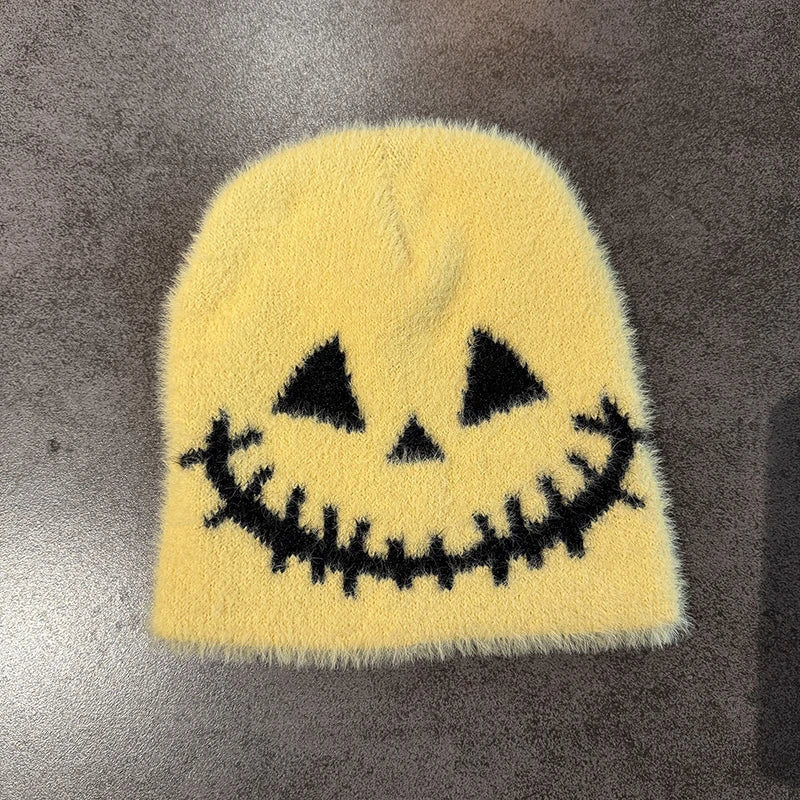 Halloween Funny Expression Wool Knitted Beanie - Y2K Hip-Hop Winter Hat with Quirky Face Design