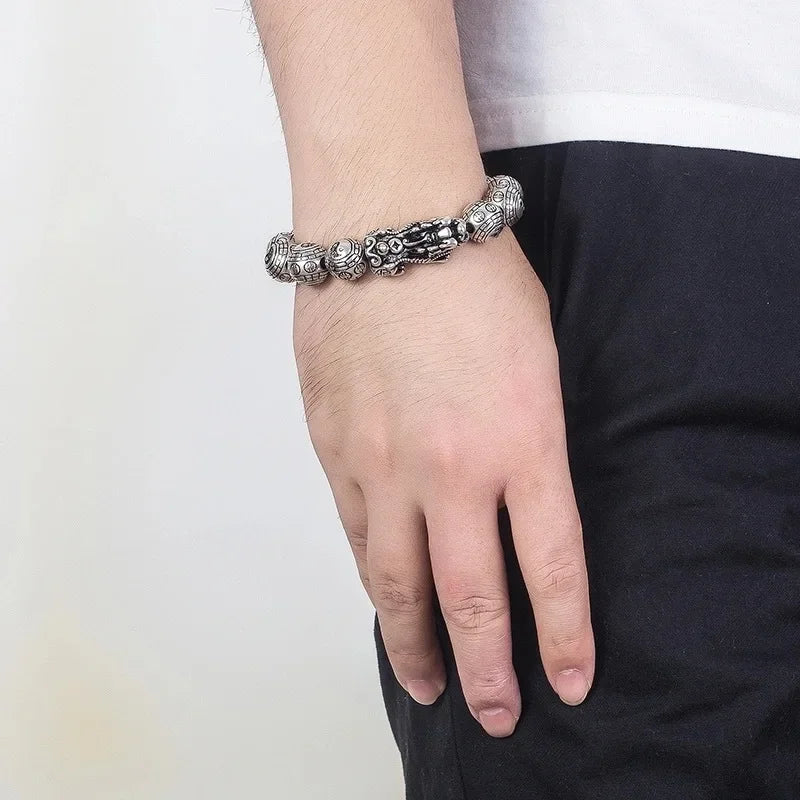 Feng Shui Taiji Bagua Pixiu Bracelet - Thai Silver Beads Wristband for Wealth & Good Luck