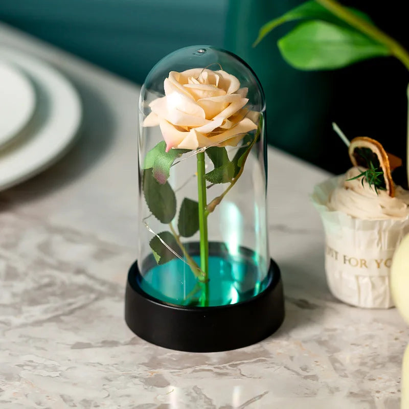 LED Eternal Rose in Glass Dome - Gold Foil Flower for Valentine's & Mother's Day
