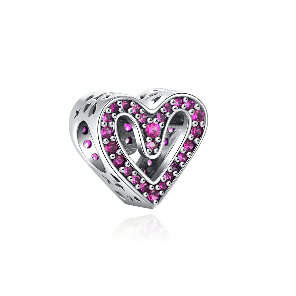 925 Sterling Silver Pink Zircon Valentine's Day Charm Bead for Bracelets
