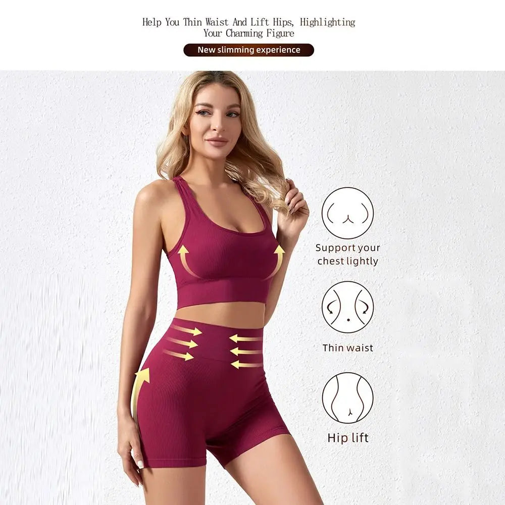 Women's 2-Piece Breathable Ribbed Workout Set - Sports Bra & High Waist Shorts (Summer Active Set)