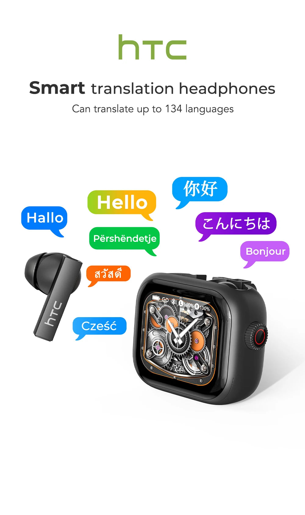 HTC Bluetooth Earphones with AI Translator & HD Subtitles - TWS Sports Wireless