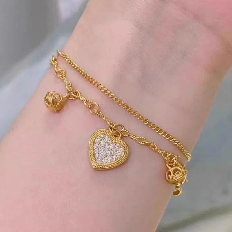 Gold Love Heart Zircon Bracelet - Double Layer Valentine's Day Jewelry