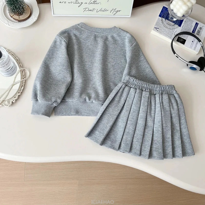 Girls Korean-Style Sweatshirt & Pleated Skirt Set - 2-Piece Fall Outfit (Ages 7-13)