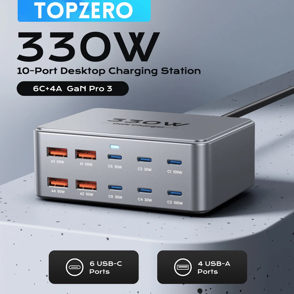 330W USB-C GaN Multiport Charger PD3.0 QC3.0 Fast Charging Station