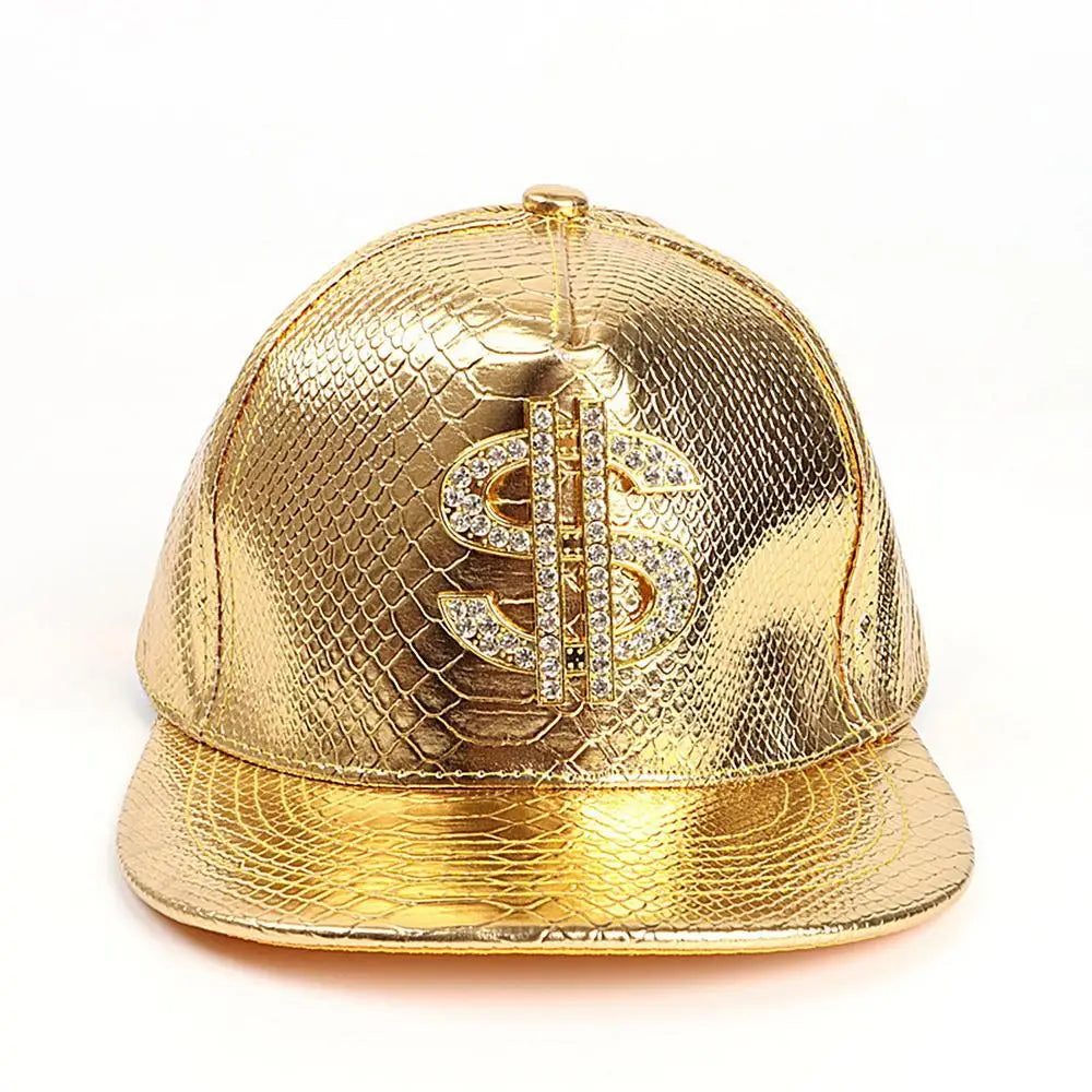 Gold Dollar Sign Hip-Hop Cap - Crocodile Texture Flat Brim Hat for Break Dance & Street Style