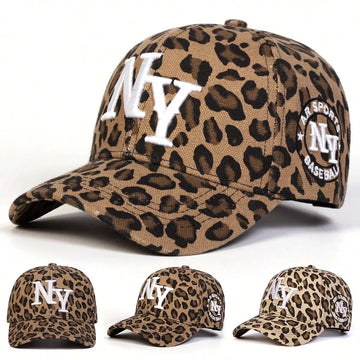 Women's Leopard Print NY Baseball Cap - Adjustable Sun Protection Hat for Spring & Autumn