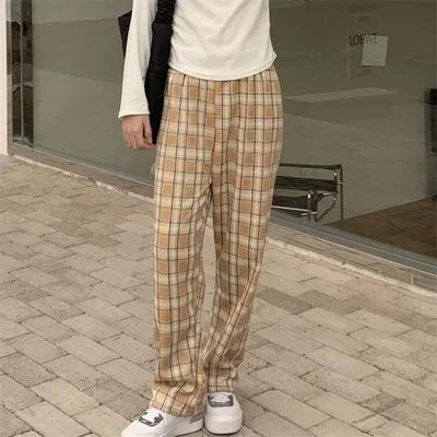 Warm Plush Plaid Pants – Women Winter Wide-Leg Casual