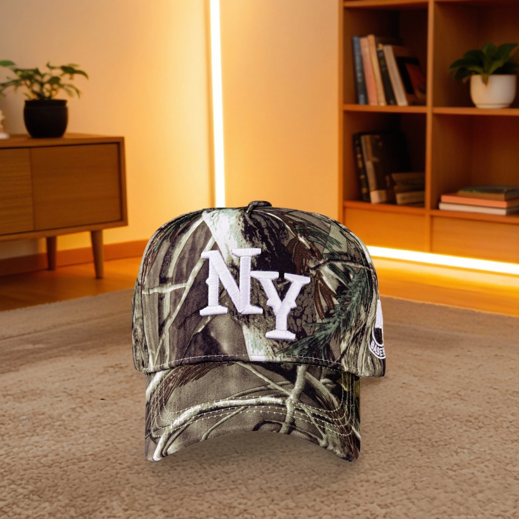 Orange Camo NY Baseball Cap - Leaf Pattern Embroidered Snapback Hat for Street Style