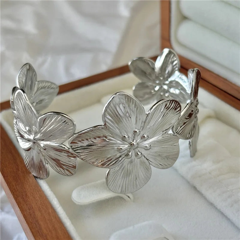 Wide Geometric Flower Bracelet - Adjustable Statement Jewelry