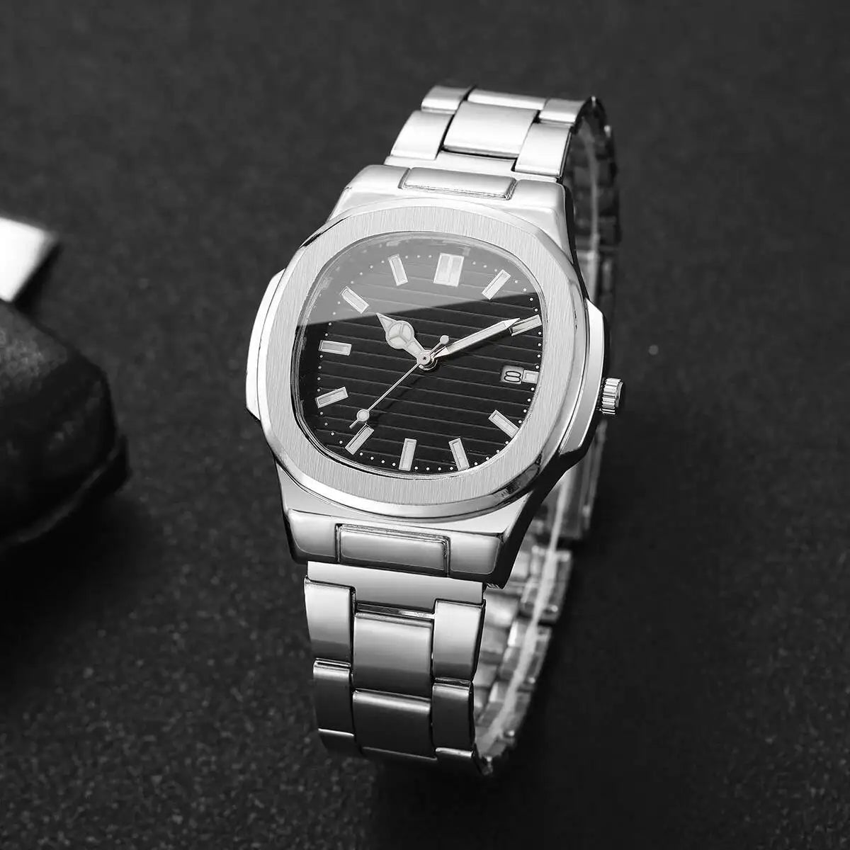 Luxury Men's Square Dial Quartz Watch – Stainless Steel Business Watch with Calendar
