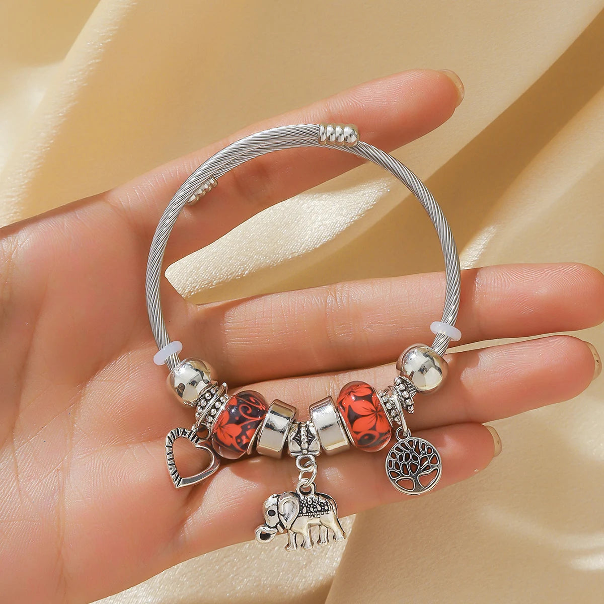 Elephant & Tree of Life Charm Bracelet - Multi-Charm Cuff Bracelet