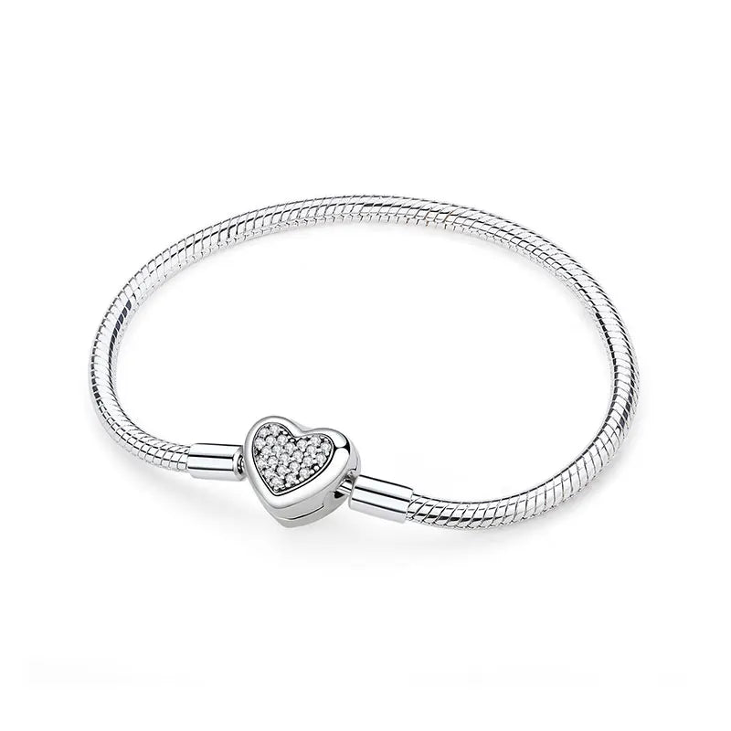 925 Sterling Silver Snake Chain Bracelet with Heart Charm Beads
