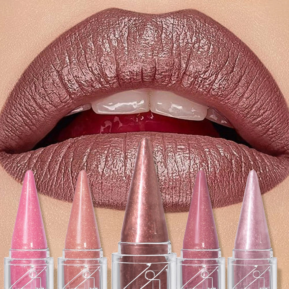 Pearlescent Brown Glitter Lipstick - Metallic Waterproof Matte Shimmer Velvet Finish