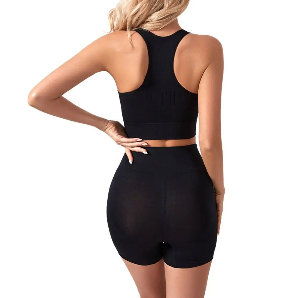 2 Pieces Seamless Workout Outfits High Waist Short Sport Bra Crop Matching Active Set Sleeveless Round Neck Tracksuit Exercise