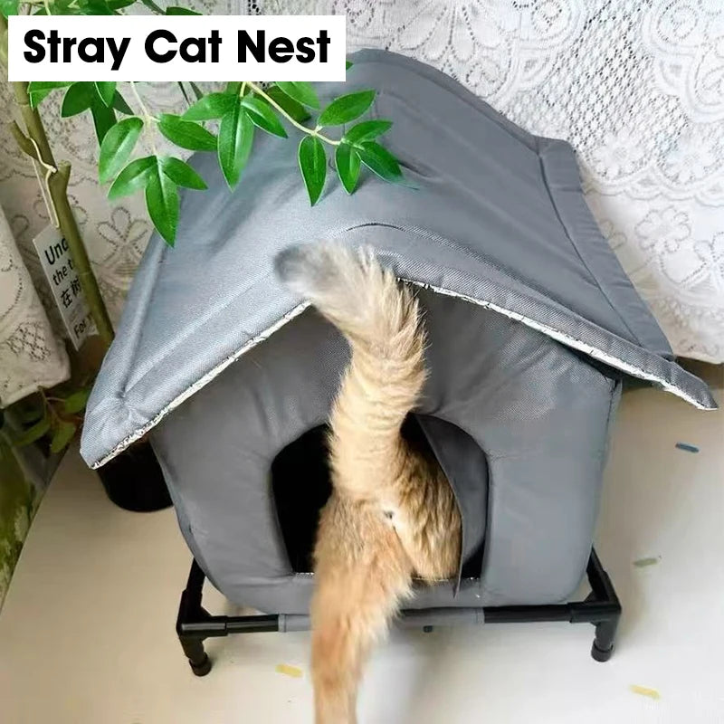 Outdoor Cat House – Waterproof Elevated Shelter with Washable Pad (Winter Warm)