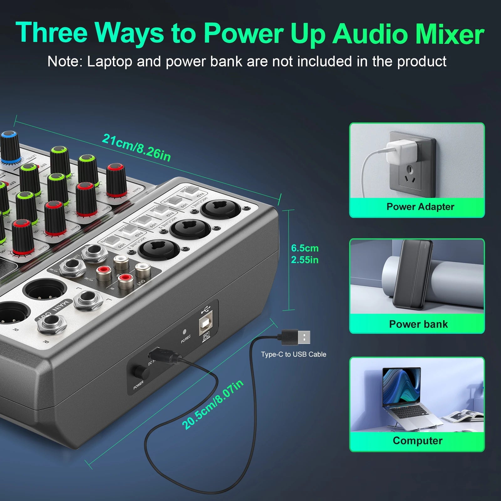 5-Channel Audio Mixer - Professional Sound Board with USB, Bluetooth, Echo & 48V Phantom Power
